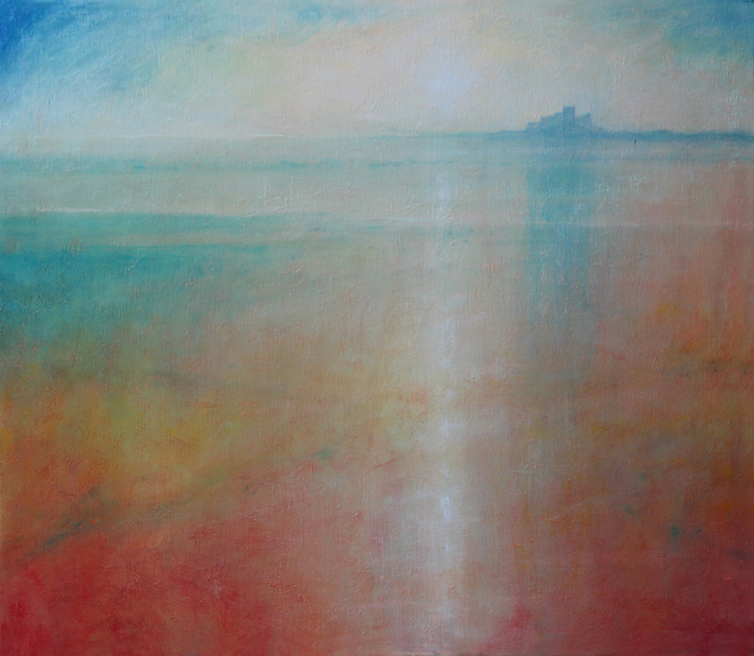 Derek Hare oil painting seascape of Bamburgh Castle on the Northumberland coast with soft turquoise sea, coral shoreline and a luminous sky with atmospheric light.