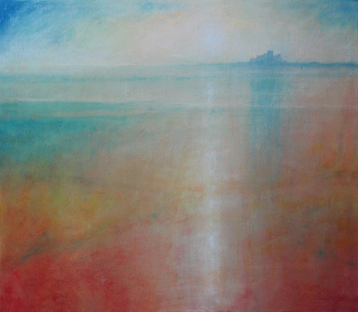 Derek Hare oil painting seascape of Bamburgh Castle on the Northumberland coast with soft turquoise sea, coral shoreline and a luminous sky with atmospheric light.