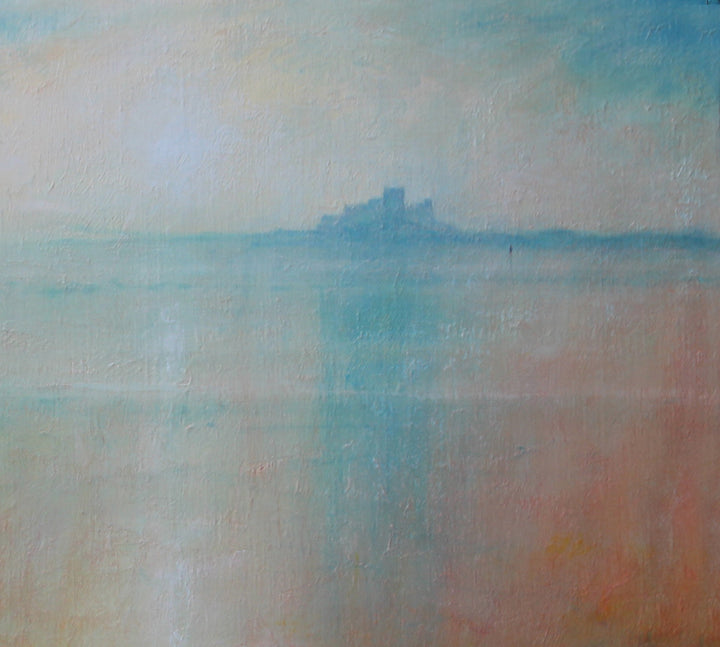Derek Hare oil painting seascape of Bamburgh Castle on the Northumberland coast with soft turquoise sea, coral shoreline and a luminous sky with atmospheric light.