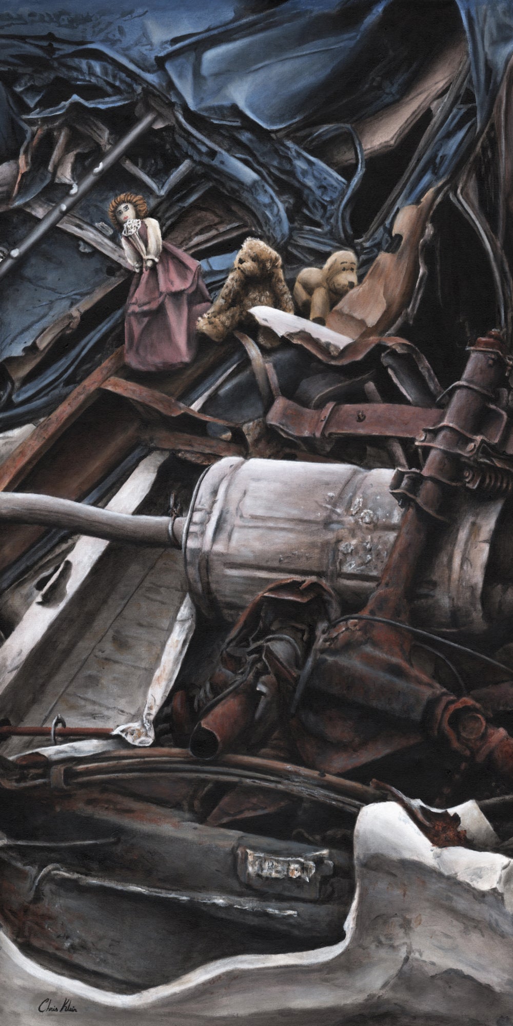 Acrylic painting depicting a heap of crushed car parts and rusted metal, where three discarded toys—a porcelain doll, a teddy bear, and a soft toy puppy—rest amongst the wreckage, suggesting stories lost or long forgotten.