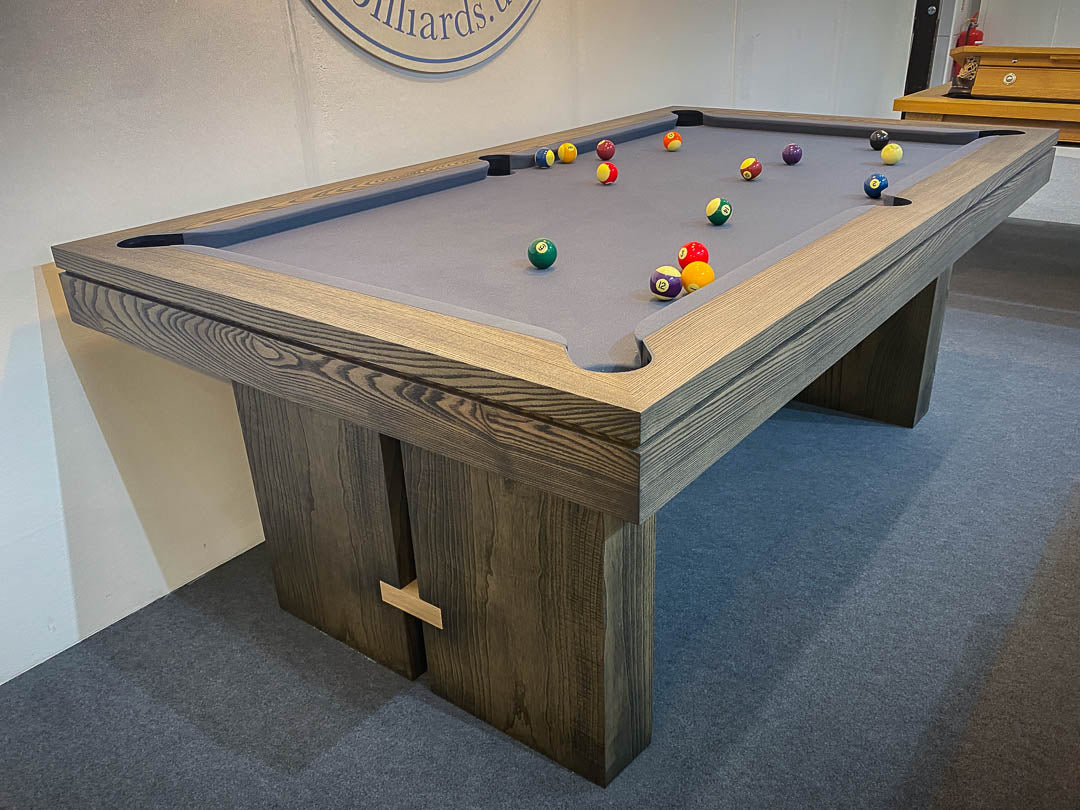 Sir William Bentley Billiards BW 7ft pool table in dark grey ash with charcoal cloth, featuring clean architectural lines and solid timber construction.