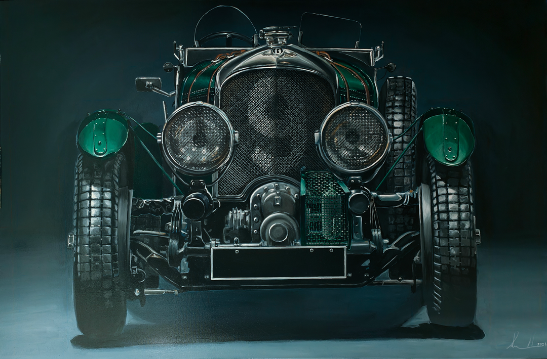 Hyperrealistic frontal portrait of a 1929 Bentley Blower racing car painted with striking precision. The deep British racing green body, polished chrome grille, and massive headlights dominate the dark backdrop, creating a monumental, almost living presence. Rich mechanical textures and metallic reflections celebrate engineering heritage and pre-war endurance racing glory.