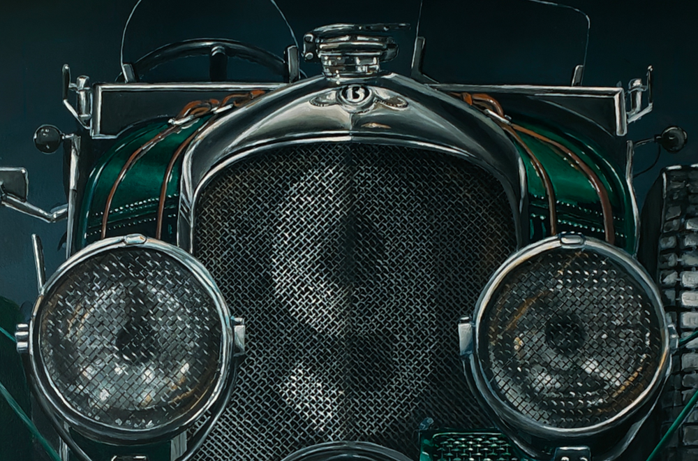 Hyperrealistic frontal portrait of a 1929 Bentley Blower racing car painted with striking precision. The deep British racing green body, polished chrome grille, and massive headlights dominate the dark backdrop, creating a monumental, almost living presence. Rich mechanical textures and metallic reflections celebrate engineering heritage and pre-war endurance racing glory.