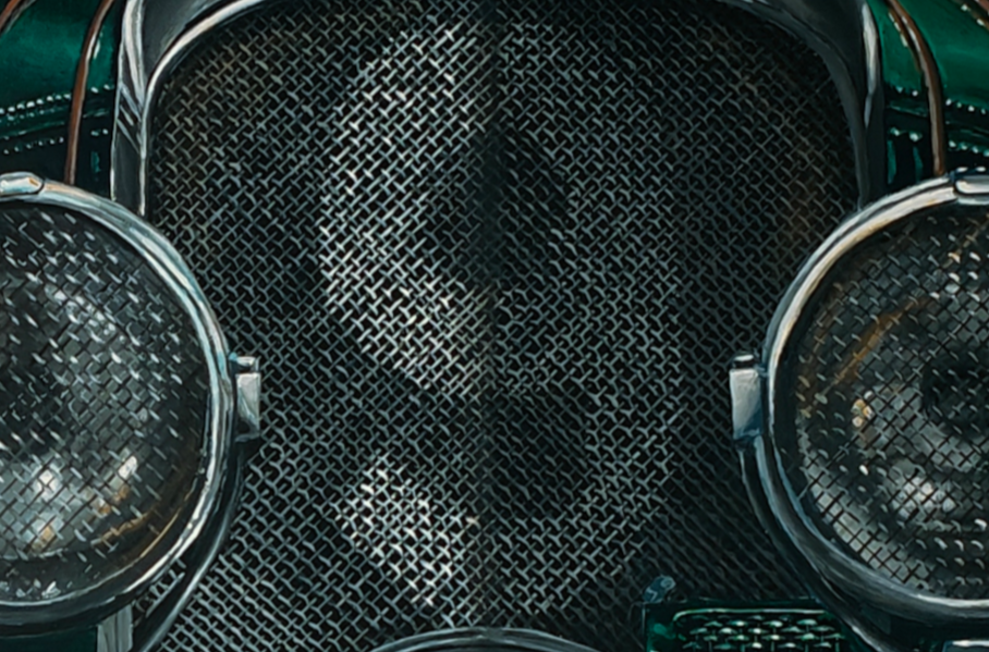 Hyperrealistic frontal portrait of a 1929 Bentley Blower racing car painted with striking precision. The deep British racing green body, polished chrome grille, and massive headlights dominate the dark backdrop, creating a monumental, almost living presence. Rich mechanical textures and metallic reflections celebrate engineering heritage and pre-war endurance racing glory.