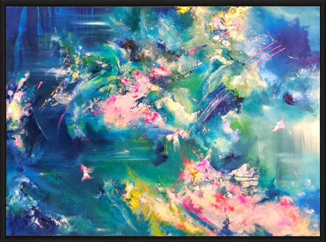 Abstract painting with rich teal, blue and pink tones, layered textures and fluid sweeping movement, framed in a black tray frame.