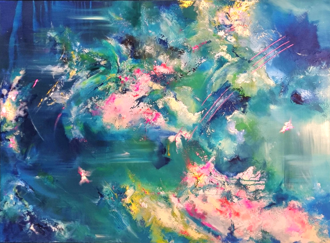 Abstract painting with rich teal, blue and pink tones, layered textures and fluid sweeping movement, framed in a black tray frame.