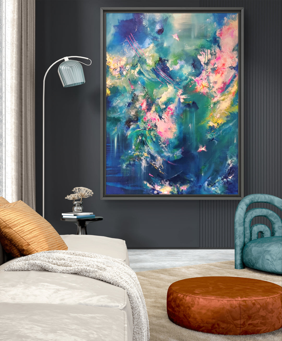 Abstract painting with rich teal, blue and pink tones, layered textures and fluid sweeping movement, framed in a black tray frame.