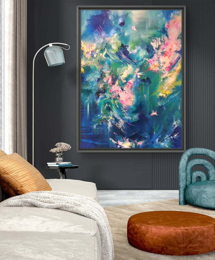 Abstract painting with rich teal, blue and pink tones, layered textures and fluid sweeping movement, framed in a black tray frame.