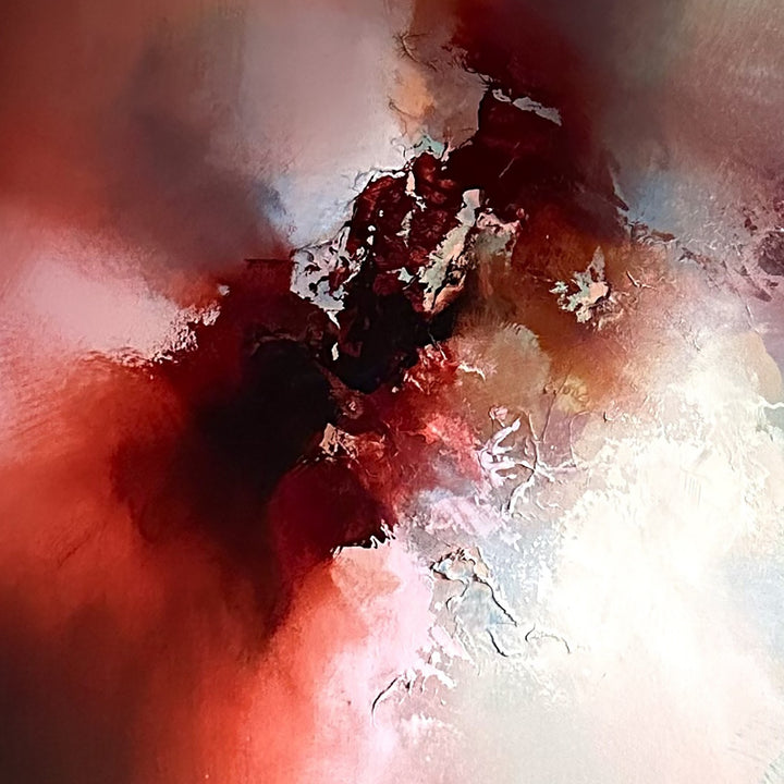 Abstract oil painting Between Spaces by Simon Kenny, blending deep reds, luminous whites, shadowed blacks, and ethereal turquoise in a sweeping cosmic composition that evokes movement, light, and atmospheric depth.