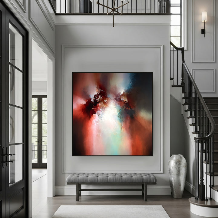 Abstract oil painting Between Spaces by Simon Kenny, blending deep reds, luminous whites, shadowed blacks, and ethereal turquoise in a sweeping cosmic composition that evokes movement, light, and atmospheric depth.