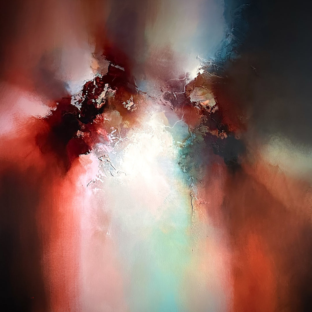 Abstract oil painting Between Spaces by Simon Kenny, blending deep reds, luminous whites, shadowed blacks, and ethereal turquoise in a sweeping cosmic composition that evokes movement, light, and atmospheric depth.