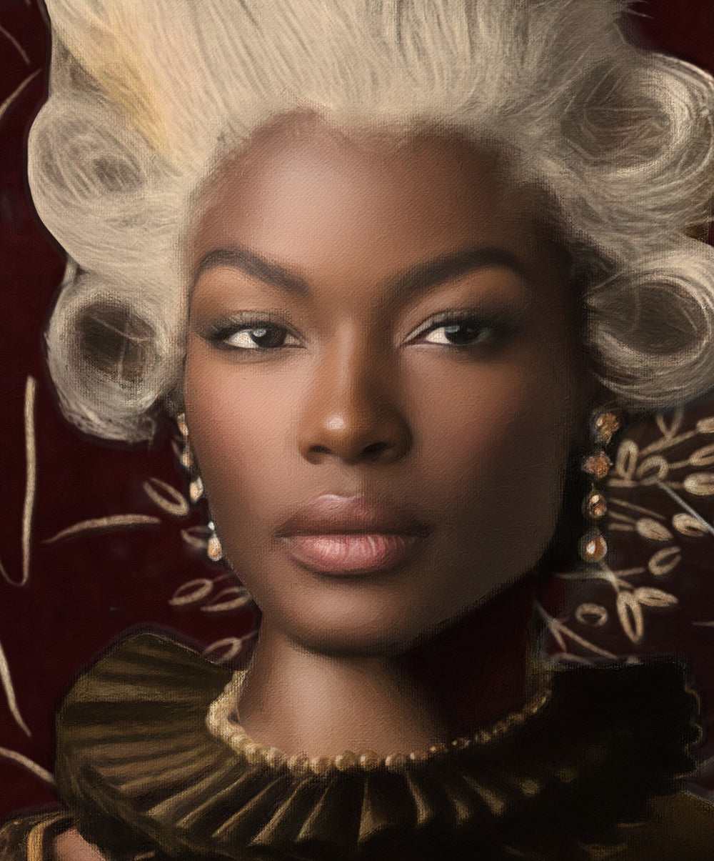 Catarina Diaz’s Between Two Worlds, analogue collage with Somerset Enhanced Velvet and oil on canvas board. Regal Black woman with flowing white hair, fox in her lap, small bird on shoulder, set against deep burgundy floral backdrop in ornate antique frame.
