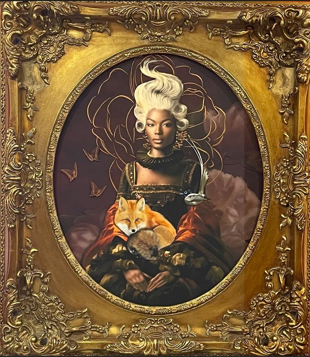 Catarina Diaz’s Between Two Worlds, analogue collage with Somerset Enhanced Velvet and oil on canvas board. Regal Black woman with flowing white hair, fox in her lap, small bird on shoulder, set against deep burgundy floral backdrop in ornate antique frame.