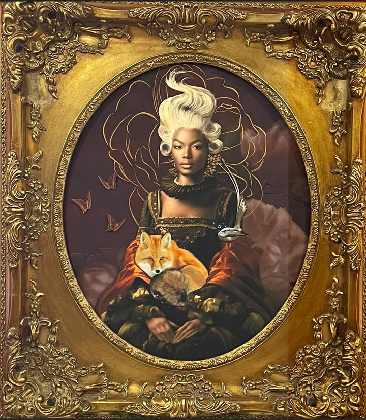 Catarina Diaz’s Between Two Worlds, analogue collage with Somerset Enhanced Velvet and oil on canvas board. Regal Black woman with flowing white hair, fox in her lap, small bird on shoulder, set against deep burgundy floral backdrop in ornate antique frame.
