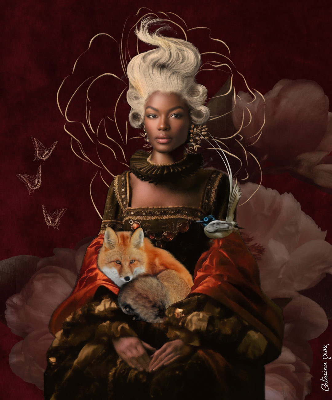 Catarina Diaz’s Between Two Worlds, analogue collage with Somerset Enhanced Velvet and oil on canvas board. Regal Black woman with flowing white hair, fox in her lap, small bird on shoulder, set against deep burgundy floral backdrop in ornate antique frame.