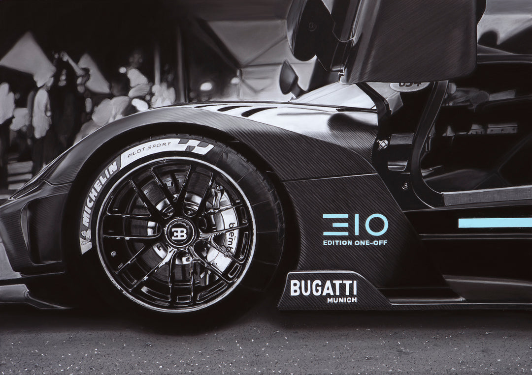 Limited edition giclée fine art print by Ray West depicting the Bugatti Bolide hypercar in hyper-realistic pastel detail, focusing on carbon fibre bodywork, racing wheel and performance engineering aesthetics.