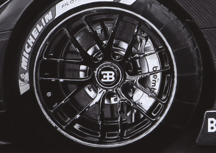 Limited edition giclée fine art print by Ray West depicting the Bugatti Bolide hypercar in hyper-realistic pastel detail, focusing on carbon fibre bodywork, racing wheel and performance engineering aesthetics.