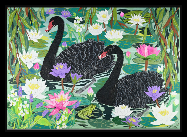 Cut-paper artwork featuring two black swans gliding through a lily pond surrounded by white, pink and purple waterlilies, dense green foliage and a small green frog; intricate layered paper textures create a vivid, botanical waterscape.