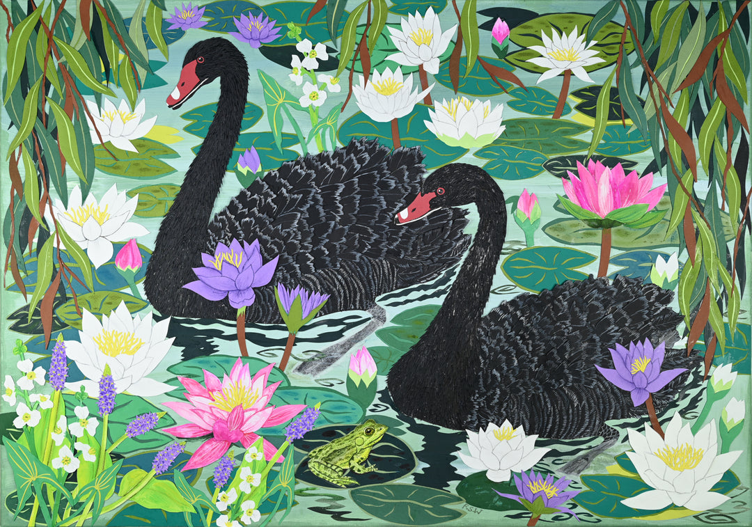 Cut-paper artwork featuring two black swans gliding through a lily pond surrounded by white, pink and purple waterlilies, dense green foliage and a small green frog; intricate layered paper textures create a vivid, botanical waterscape.