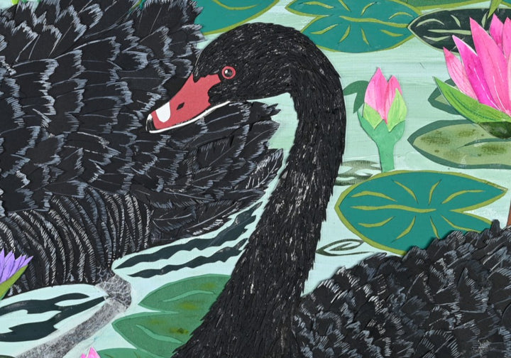 Cut-paper artwork featuring two black swans gliding through a lily pond surrounded by white, pink and purple waterlilies, dense green foliage and a small green frog; intricate layered paper textures create a vivid, botanical waterscape.
