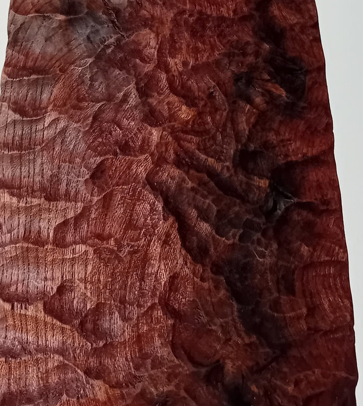 Blade by Nicola Beattie – a tall, slender, hand-carved elm sculpture with an elongated leaf-like or blade-shaped form. The surface is deeply textured with rhythmic chisel marks, finished in rich reddish-brown tones with areas of darker burnished grain and natural patterning. Mounted on a tall black rectangular base atop a square plinth, the piece stands vertically like a minimalist totem. Its organic contours and refined symmetry evoke ancient tools or ceremonial artefacts, blending contemporary abstraction