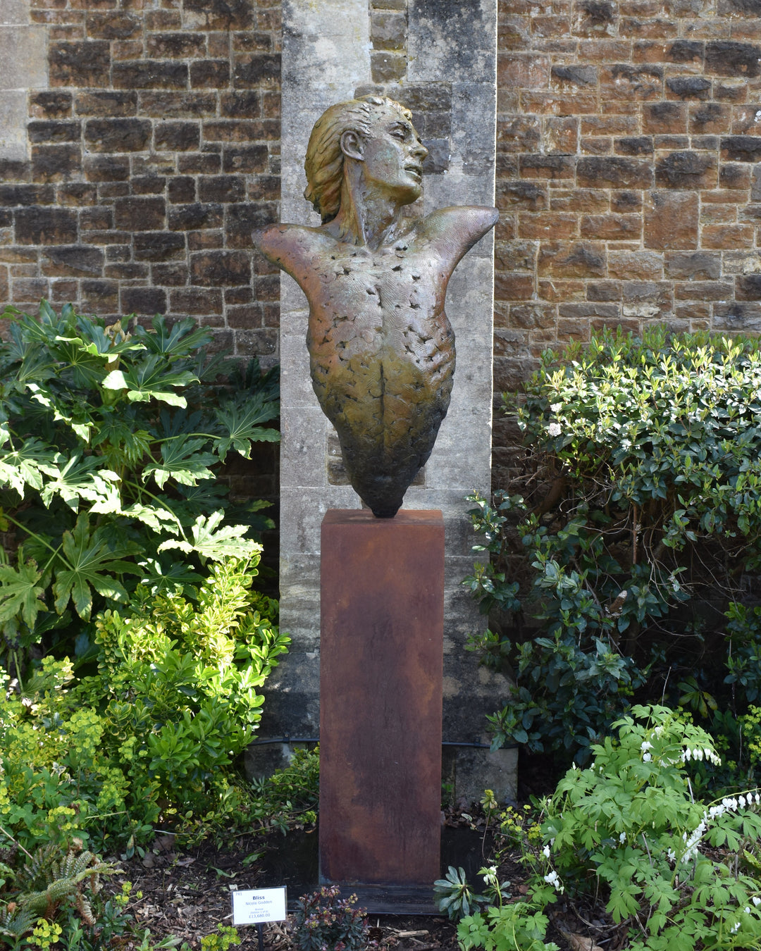 Nicola Godden Bliss Icarus bronze sculpture portraying a stylised human figure rising upward with arms extended and head turned, evoking a moment of release and quiet strength. The elongated form suggests lift and motion while remaining grounded through a solid Corten steel base. The textured bronze surface carries depth and variation, with light catching across its contours to enhance the sense of movement and presence.