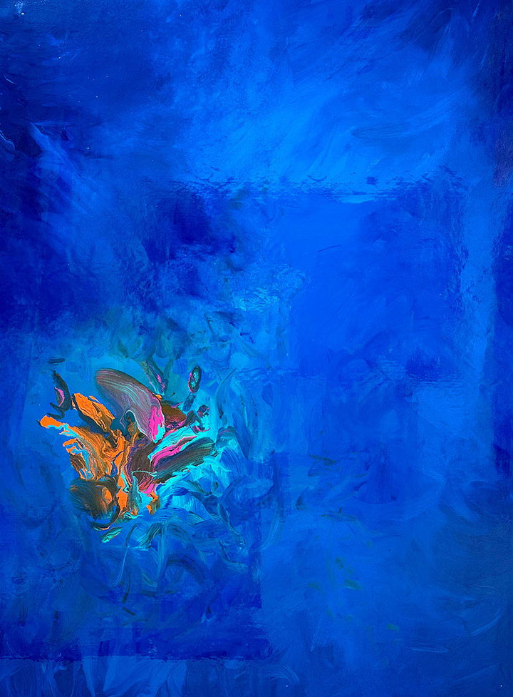 Large abstract painting “Into the Blue” by Swarez — deep ocean-inspired composition with layered shades of cobalt, ultramarine, turquoise, and teal blue. Vivid bursts of fiery orange, vibrant fuchsia, aqua, and rich purple emerge in the centre, with swirling, glossy enamel textures creating movement and depth.