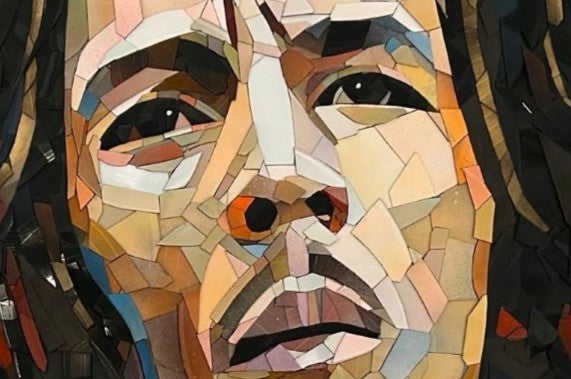 Ed Chapman Mosaic portrait of Bob Marley constructed from carefully cut fragments of reclaimed vinyl records, forming a highly detailed face with layered tonal variation and visible record grooves, set against a bold Rastafarian colour background that contrasts warm skin tones with strong graphic colour blocks and a textured, light-responsive surface.