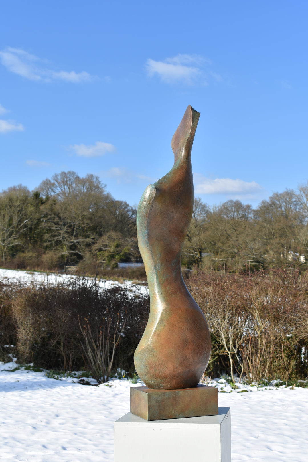 Bone Form IV — abstract bronze sculpture by Nicola Godden inspired by the natural curves and hollows of animal bone. The piece has a tall, sinuous form with a hollowed centre, organic surface texture and warm bronze patina shifting from earthy brown to soft green and gold highlights. Displayed outdoors on a one-metre timber plinth against a bright blue sky and winter landscape.
