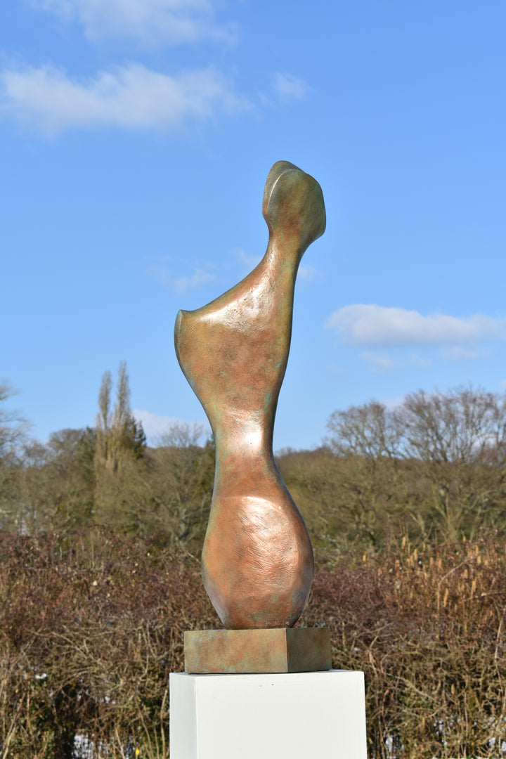 Bone Form IV — abstract bronze sculpture by Nicola Godden inspired by the natural curves and hollows of animal bone. The piece has a tall, sinuous form with a hollowed centre, organic surface texture and warm bronze patina shifting from earthy brown to soft green and gold highlights. Displayed outdoors on a one-metre timber plinth against a bright blue sky and winter landscape.