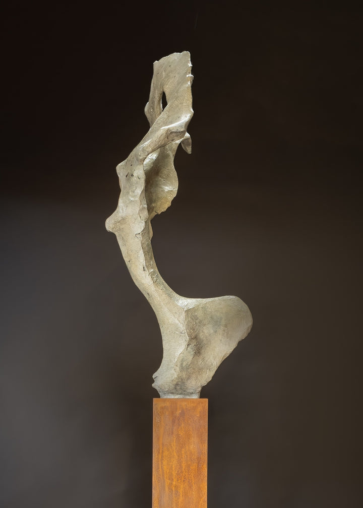 Abstract bronze sculpture by Nicola Godden titled “Bone Form VI”, featuring an elongated organic form with a hollowed negative space near the upper section, inspired by skeletal and geological structures. The sculpture rises vertically from a tall rusted steel plinth, with a softly textured, patinated bronze surface that emphasises erosion, balance, and the quiet strength of natural forms within contemporary sculptural practice.