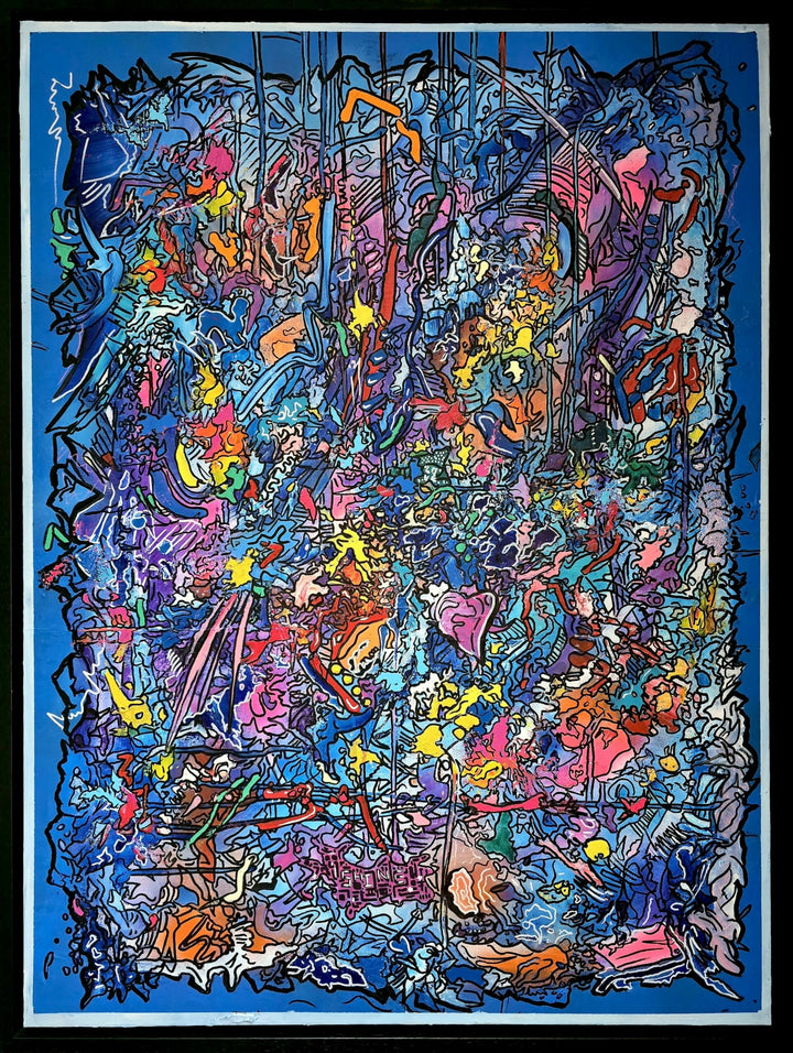Vibrant abstract artwork in blue, pink and multicoloured layers with expressive graffiti lines, bold colour fields and energetic mark-making, filled with overlapping shapes, textures and movement.