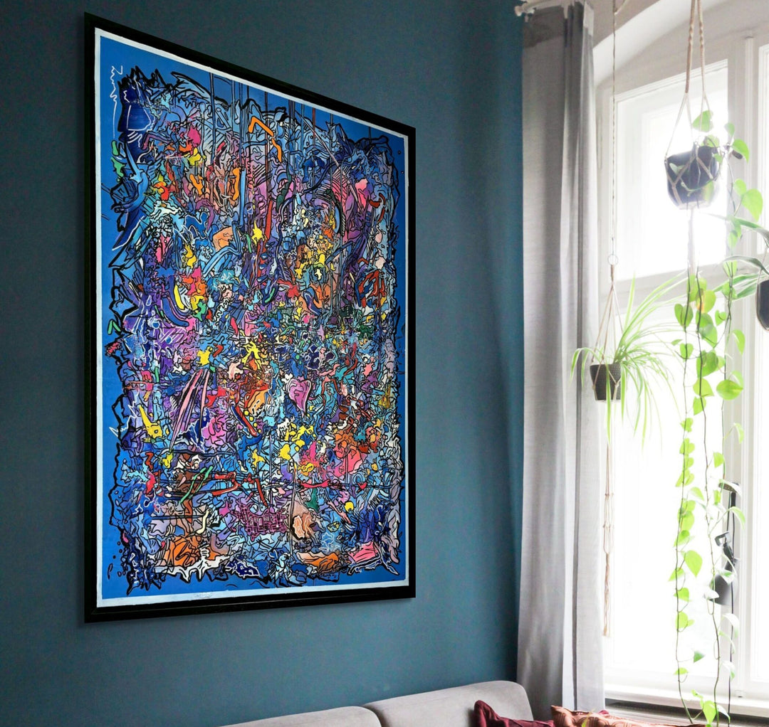 Vibrant abstract artwork in blue, pink and multicoloured layers with expressive graffiti lines, bold colour fields and energetic mark-making, filled with overlapping shapes, textures and movement.