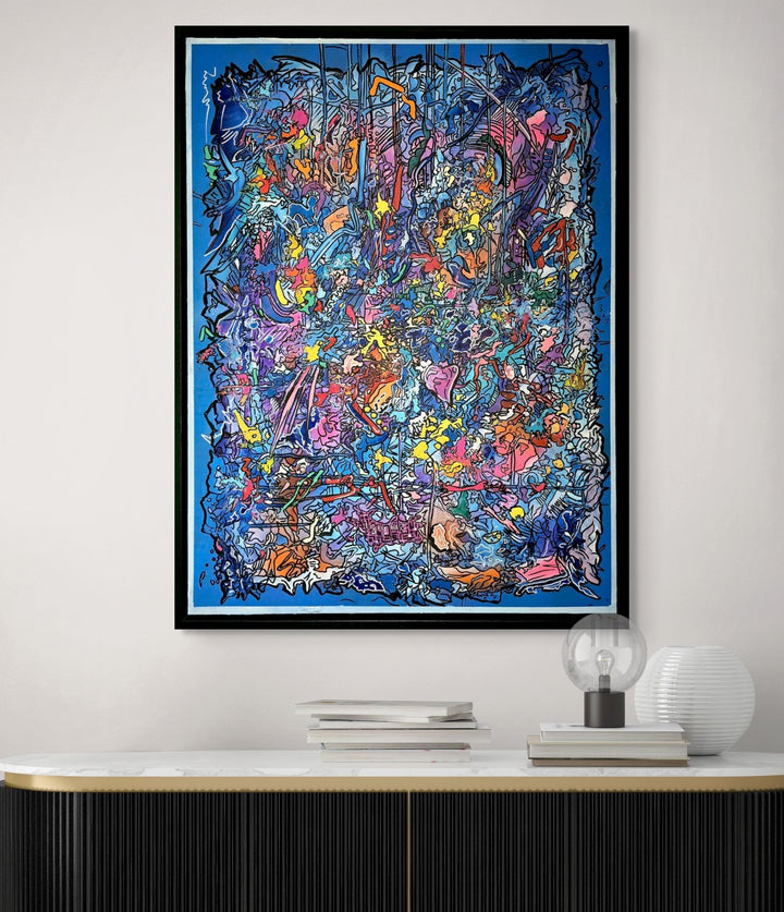 Vibrant abstract artwork in blue, pink and multicoloured layers with expressive graffiti lines, bold colour fields and energetic mark-making, filled with overlapping shapes, textures and movement.