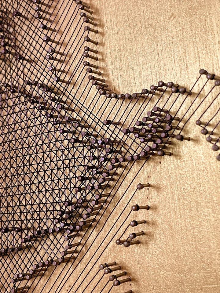 Portrait of David Bowie formed from fine black enamelled copper wire tensioned around thousands of small nails on a gold-toned board, with layered linear wiring defining facial features and hair through tonal contrast, depth and shadow across a textured metallic surface that shifts with light and viewing angle.