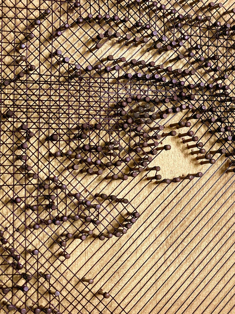 Portrait of David Bowie formed from fine black enamelled copper wire tensioned around thousands of small nails on a gold-toned board, with layered linear wiring defining facial features and hair through tonal contrast, depth and shadow across a textured metallic surface that shifts with light and viewing angle.
