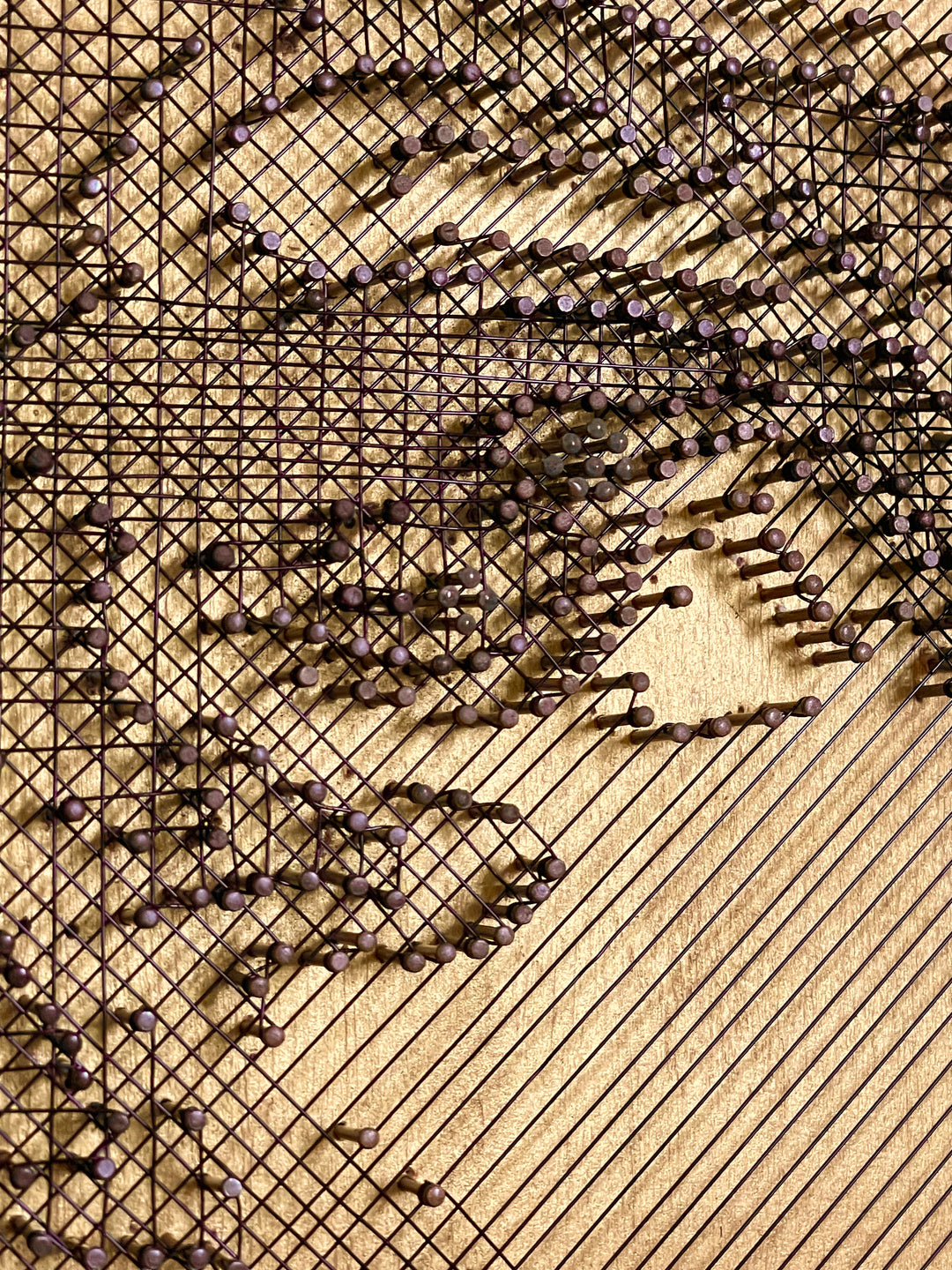Portrait of David Bowie formed from fine black enamelled copper wire tensioned around thousands of small nails on a gold-toned board, with layered linear wiring defining facial features and hair through tonal contrast, depth and shadow across a textured metallic surface that shifts with light and viewing angle.
