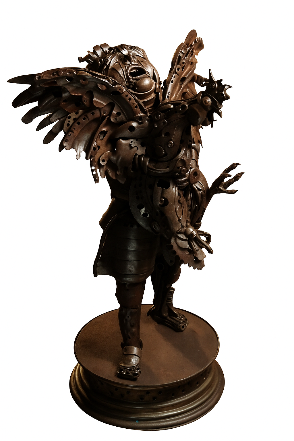 Fantasy warrior sculpture made from reclaimed metal with mechanical wings, gears, and armour detailing.