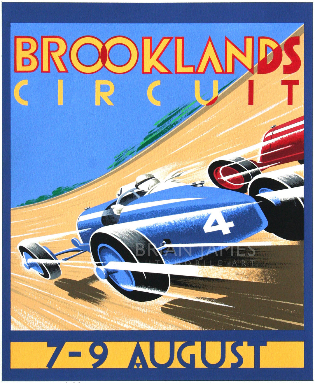 Dynamic Art Deco poster of vintage race cars on the Brooklands Circuit with bold colours and motion lines.
