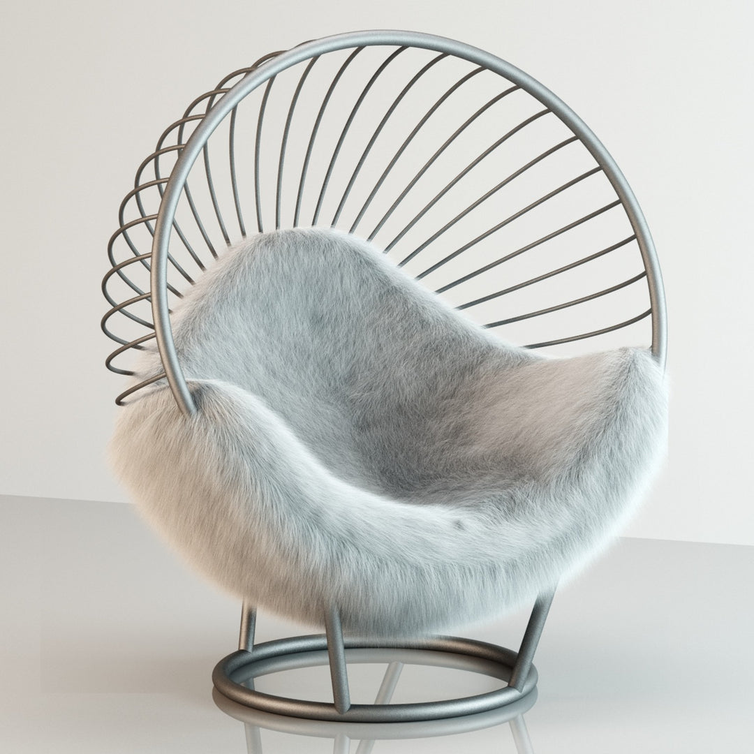 “California Chair – Standing Wolf Fur” by Ben Rousseau – a sculptural statement chair with a circular steel frame and plush faux wolf fur upholstery. Inspired by mid-century California modernism, blending luxury, architecture, and cinematic allure.


