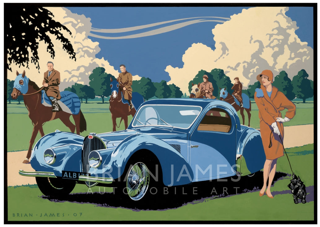 Art Deco-style painting of a vintage blue Bugatti car with riders on horses and a woman walking a dog in the countryside. 

