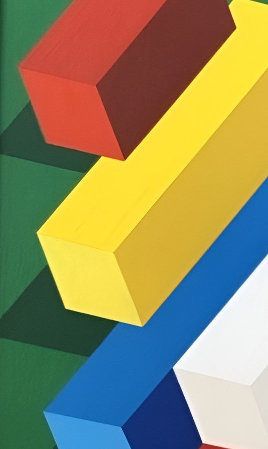Framed abstract painting featuring colourful 3D rectangular blocks on a green background in a geometric composition.