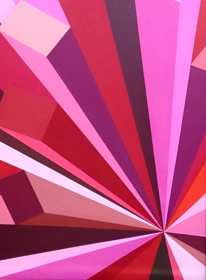 Rob Wyn Yates Metropolis – geometric abstract painting in vivid shades of pink, red, burgundy, and magenta, radiating from a central point with bold angular forms, set in a polished 1970s brass frame.