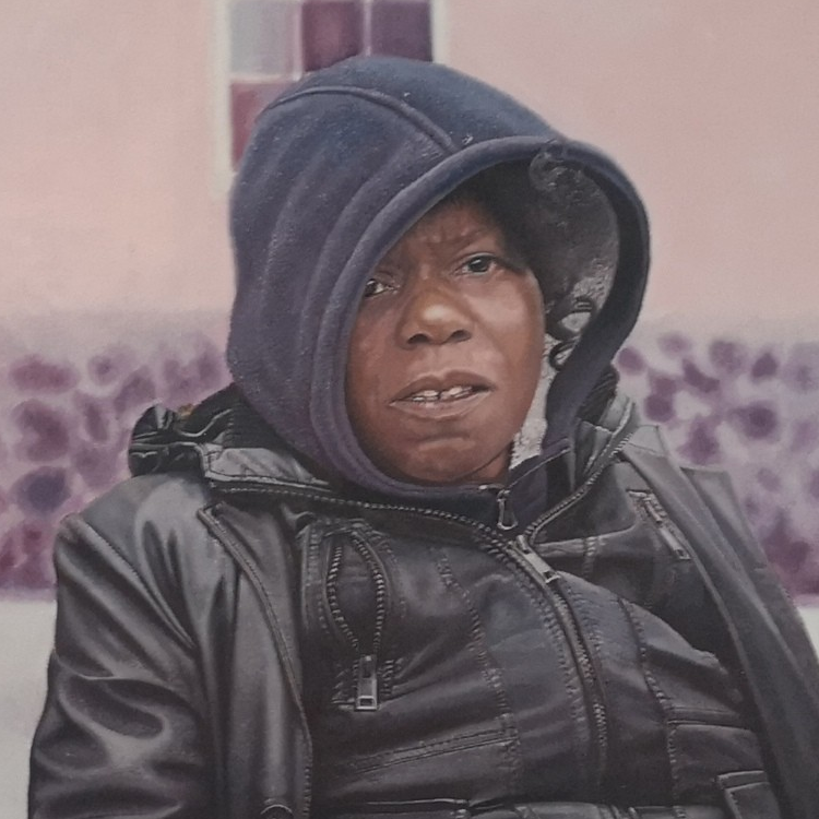 Waiting for the Ginger Bread Man by James Earley — a hyperrealist oil painting depicting two homeless individuals seated closely together, capturing a moment of connection, resilience, and vulnerability against a softly surreal backdrop.