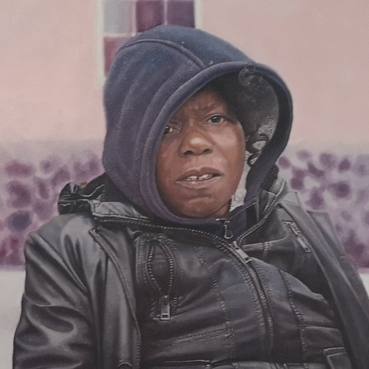 Waiting for the Ginger Bread Man by James Earley — a hyperrealist oil painting depicting two homeless individuals seated closely together, capturing a moment of connection, resilience, and vulnerability against a softly surreal backdrop.