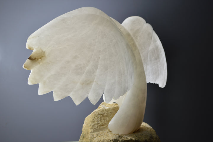 Deborah Harrison alabaster sculpture Caladrius, a translucent white bird with wide outstretched wings, finely carved feathers and smooth body, glowing with inner light on a rugged Farmington limestone base, symbolising purity, flight, and spiritual presence.