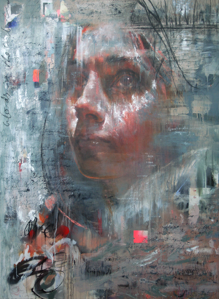 Large-scale mixed media portrait blending expressive realism with abstraction, featuring a woman’s contemplative face emerging through layers of translucent paint, scribbled text, collage fragments, and gestural marks. Her gaze is turned upward, and the piece is rich with emotional depth, urban textures, and moody atmospheric tones.