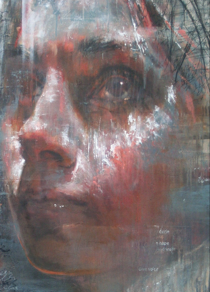 Large-scale mixed media portrait blending expressive realism with abstraction, featuring a woman’s contemplative face emerging through layers of translucent paint, scribbled text, collage fragments, and gestural marks. Her gaze is turned upward, and the piece is rich with emotional depth, urban textures, and moody atmospheric tones.
