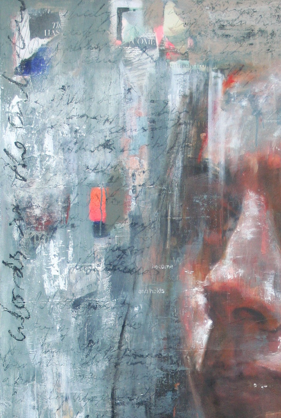 Large-scale mixed media portrait blending expressive realism with abstraction, featuring a woman’s contemplative face emerging through layers of translucent paint, scribbled text, collage fragments, and gestural marks. Her gaze is turned upward, and the piece is rich with emotional depth, urban textures, and moody atmospheric tones.