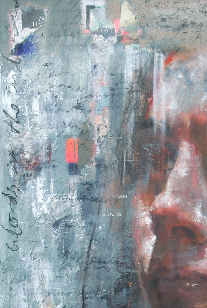 Large-scale mixed media portrait blending expressive realism with abstraction, featuring a woman’s contemplative face emerging through layers of translucent paint, scribbled text, collage fragments, and gestural marks. Her gaze is turned upward, and the piece is rich with emotional depth, urban textures, and moody atmospheric tones.